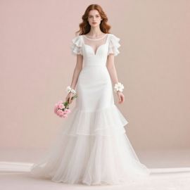 Elegant White Wedding Dress with Ruffled Sleeves & Tiered Tulle Skirt - Chic Bridal Gown