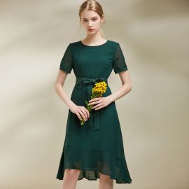 Elegant Dark Green Midi Dress with Belted Waist & Asymmetric Hem