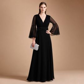 Elegant Black Evening Gown: Deep V-Neck Flare Sleeve Chiffon Maxi Dress with Beaded Waist