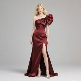 Burgundy Satin One - Shoulder Evening Gown with Oversized Bow & High Slit Dress