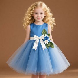 Adorable Blue Sleeveless Tulle Dress for Girls with Bow & Flowers - Party/Wedding Ready