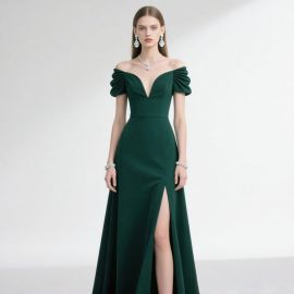 Elegant Emerald Green Off - Shoulder Gown with Puffed Sleeves & High Slit Evening Dress