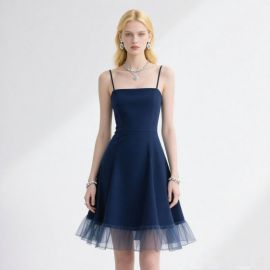Navy Blue Spaghetti Strap Dress with Tulle Hem - Elegant A-line Skater Style for Women