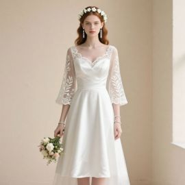 Elegant White Satin Wedding Dress with Lace Sleeves & V-Neck - A-Line Bridal Gown