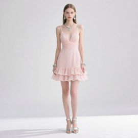 Light Pink Spaghetti Strap Dress with Ruffled Hem & Deep V Neck - Romantic Summer Style