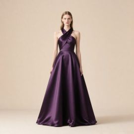 Elegant Purple Satin Cross - Neck Halter A - Line Floor - Length Evening Gown