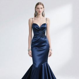 Navy Blue Satin Mermaid Gown: Elegant V-Neck Spaghetti Strap Evening Dress