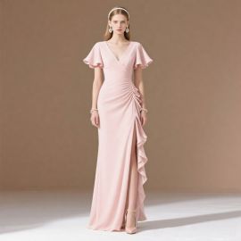 Elegant Pink Evening Gown: V - Neck, Flutter Sleeves & High Slit Design