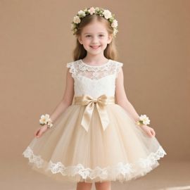 Charming Girls' Lace Tulle Dress - Flower Girl Wedding Party Gown with Big Bow Belt