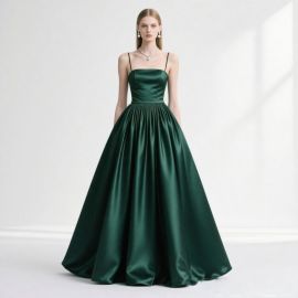 Emerald Green Satin Spaghetti Strap Ball Gown - Elegant Formal Dress