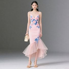 Pink Spaghetti Strap Mermaid Dress with Floral Embroidery & Tulle Hem - Elegant Evening Gown