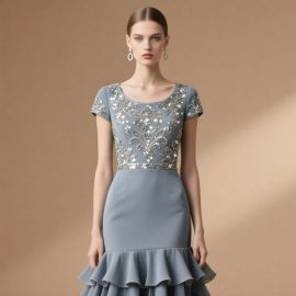 Elegant Blue Mermaid Dress with Sequin Embroidery & Ruffled Hem - Short Sleeve Evening Gown