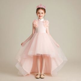Pink Flower Girl Dress High-Low Hem Princess Style Formal Occasion Gown