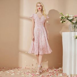 Romantic Pink Floral V-Neck Puff Sleeve Midi Dress - Summer Chic Style