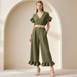 Stylish Olive Green Ruffled Jumpsuit with Wide Belt - Summer Fashion Statement