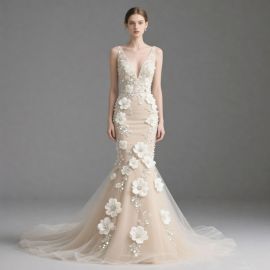 Elegant Mermaid Wedding Dress: Deep V-Neck, 3D Floral Embroidery & Tulle Train