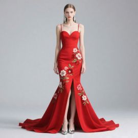 Red Mermaid Gown with Floral Embroidery Spaghetti Straps High Slit Evening Dress