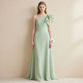 Sage Green One - Shoulder Ruffle Long Dress: Elegant Flowy Bridesmaid Evening Gown