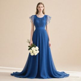 Elegant Blue Floor - Length Gown with Pleated Bodice & Flutter Sleeves