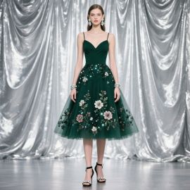 Emerald Green Spaghetti Strap Dress with Floral Embroidery & Sequined Tulle Skirt - Elegant Party Gown