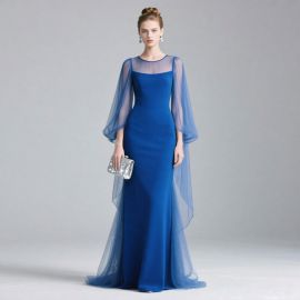 Elegant Royal Blue Evening Gown with Sheer Sleeves & Train