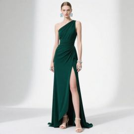 Elegant Emerald Green One-Shoulder High Slit Evening Gown - Chic Formal Dress for Women