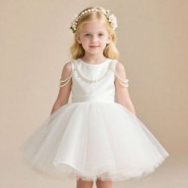 Elegant Kids White Tulle Dress with Pearl Embellishments - Perfect for Weddings & Special Occasions