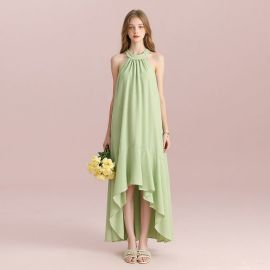Sage Green Halter Neck High-Low Hem Maxi Dress - Elegant Summer Bridesmaid/Party Wear