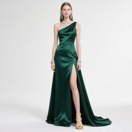 Elegant One - Shoulder Green Satin Gown with High Slit