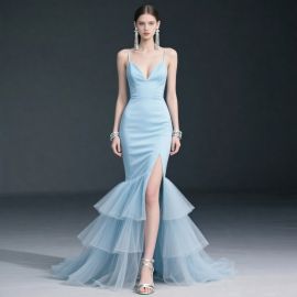 Elegant Light Blue Mermaid Gown: Spaghetti Straps, Deep V-Neck & Tiered Tulle Skirt for Formal Events