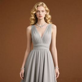 Elegant Gray Sleeveless V-Neck Chiffon Maxi Dress with Cinched Waist - Timeless Formal Evening Gown
