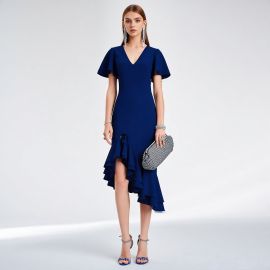 Elegant Navy Blue V - Neck Asymmetric Ruffle Hem Midi Dress