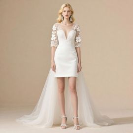 Elegant Short Wedding Dress: Lace Sleeves, Deep V-Neck & Train - Chic Bridal Gown