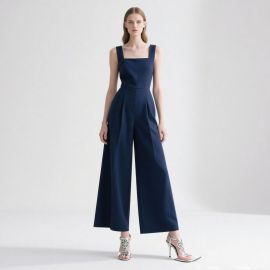 Navy Blue Square Neck Wide - Leg Sleeveless Jumpsuit for Women