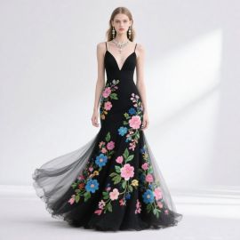 Black Spaghetti Strap Mermaid Gown with Vibrant Floral Embroidery - Elegant Evening Party Dress