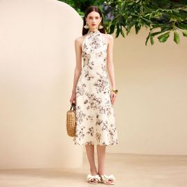 Elegant Floral Print Halter Neck Midi Dress - Summer Style for Women