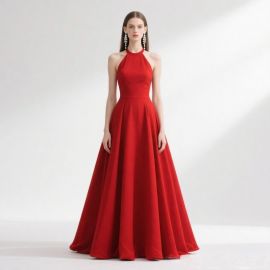 Red Halter Neck Ball Gown Evening Dress - Elegant Formal Wear