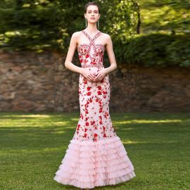 Pink Floral Mermaid Gown: Crisscross Straps, Embroidered Flowers & Ruffled Skirt Evening Dress
