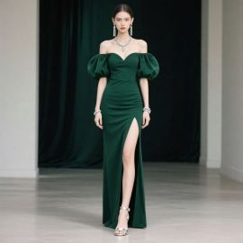 Elegant Emerald Green Off - Shoulder Gown with Puff Sleeves & High Slit for Evening Events