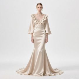 Elegant Champagne Satin Mermaid Gown: Ruffled V-Neck & Bell Sleeves for Formal Events