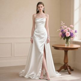 Elegant White Satin Spaghetti Strap Gown with High Slit