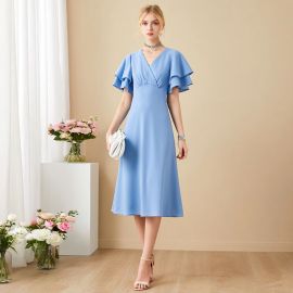 Elegant Light Blue V-Neck Ruffled Sleeve Midi Dress for Women