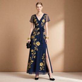 Elegant Navy Blue Maxi Dress with Gold Floral Embroidery, V-Neck & Side Slit