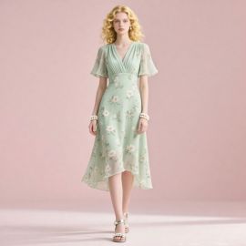 Mint Green Floral V-Neck Short Sleeve High-Waist Asymmetric Hem Chiffon Dress