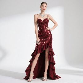 Burgundy Sequin Mermaid Gown: Spaghetti Straps & High-Low Hem Evening Dress