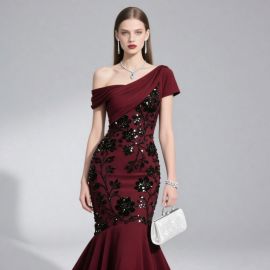 Burgundy One-Shoulder Sequined Floral Mermaid Evening Gown - Elegant Formal Dress