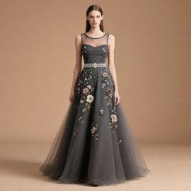 Elegant Gray Tulle Gown with Floral Embroidery & Sequins - Formal Evening Dress