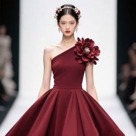 Burgundy One-Shoulder Ball Gown with Oversized Flower - Elegant Evening/Wedding Dress