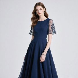 Elegant Navy Blue Long Gown with Embroidered Sheer Sleeves