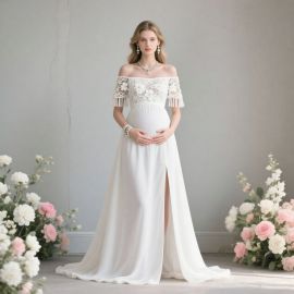 Elegant Maternity Off - Shoulder Gown with Lace Fringe & Side Slit for Photoshoots/Weddings